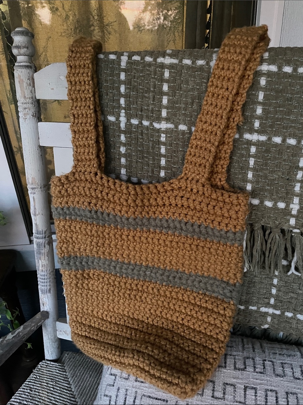 Hand Made Crochet Tote Bag in Kodak Yellow with Moss Green Stripes 🫶🏻